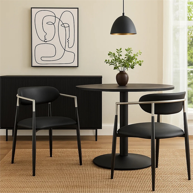 Vonn Dining Armchair Set of 2- Faux Leather Seat- Curved Back- Black Metal