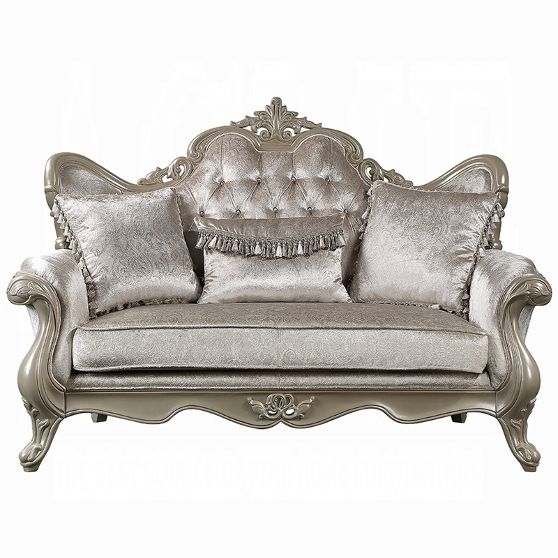 Bertha Baroque Loveseat with 3 Pillows- Tufted Champagne Gray- 70 Inch
