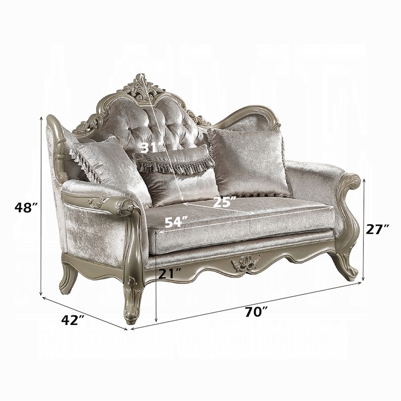 Bertha Baroque Loveseat with 3 Pillows- Tufted Champagne Gray- 70 Inch