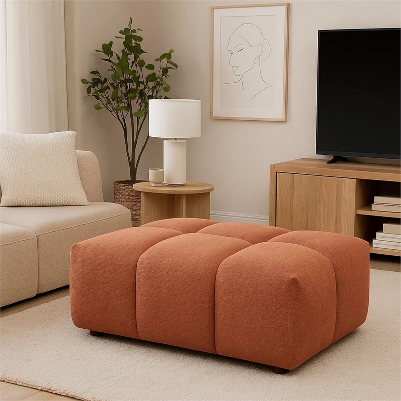 Leya Modular Ottoman- Tufted Coral Red Linen- 43 Inch Rectangular Seat