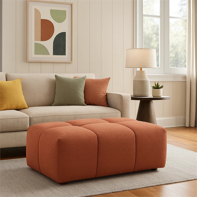 Leya Modular Ottoman- Tufted Coral Red Linen- 43 Inch Rectangular Seat