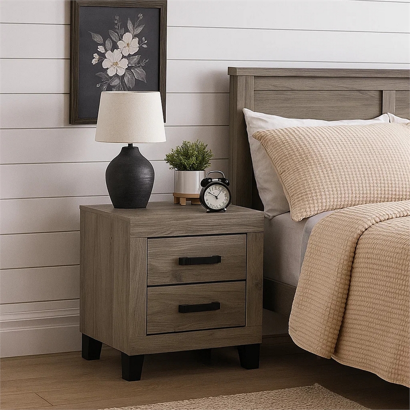 Rachy Nightstand- 2 Drawers with Black Metal Handles- Farmhouse Light Gray