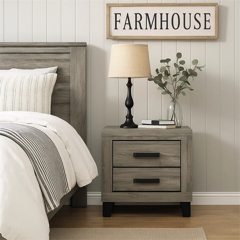 Rachy Nightstand- 2 Drawers with Black Metal Handles- Farmhouse Light Gray