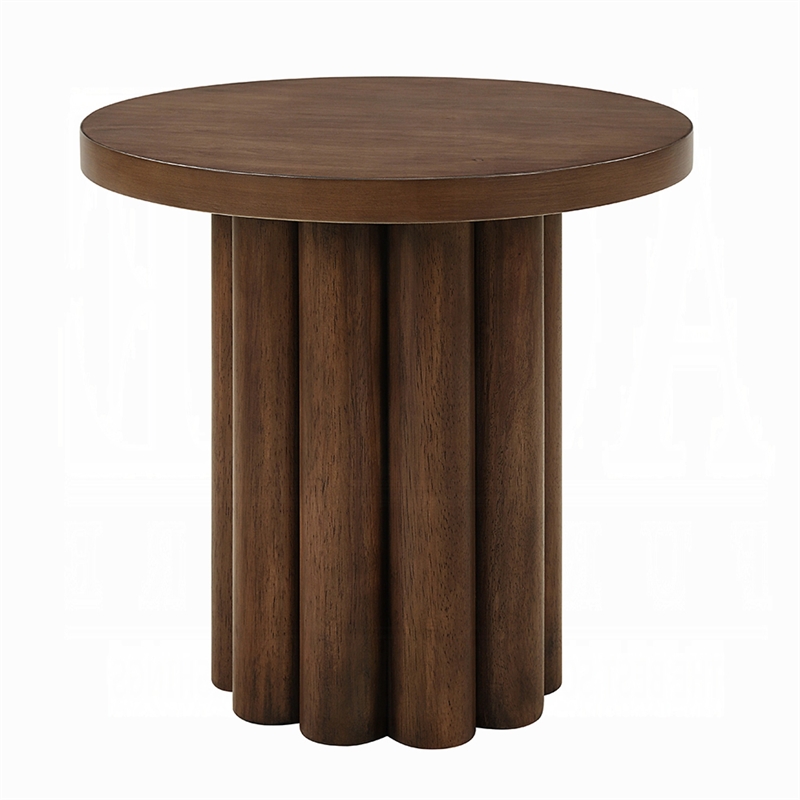 Sana Side End Table- 20 Inch Round Top- Rustic Fluted Base- Dark Brown