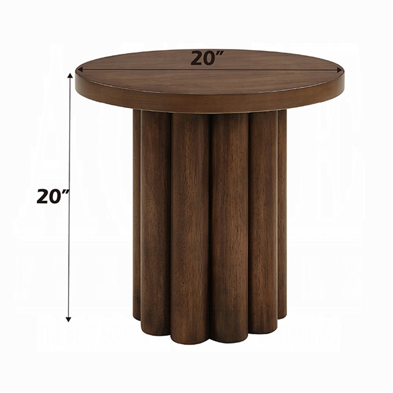 Sana Side End Table- 20 Inch Round Top- Rustic Fluted Base- Dark Brown