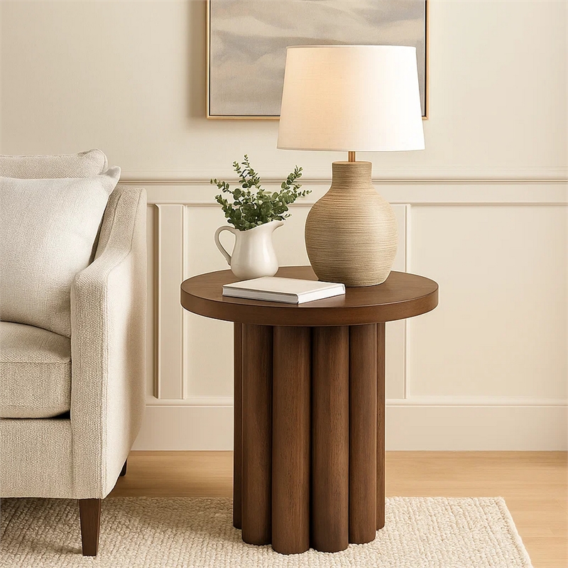 Sana Side End Table- 20 Inch Round Top- Rustic Fluted Base- Dark Brown