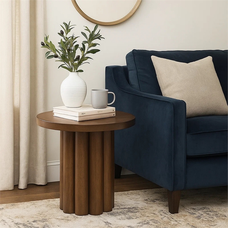 Sana Side End Table- 20 Inch Round Top- Rustic Fluted Base- Dark Brown