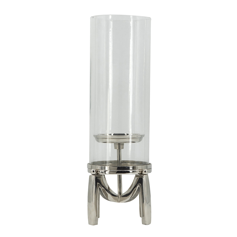 Rexy Hurricane Candle Holder- Minimalist Silver Legs- Clear Glass 16 Inch