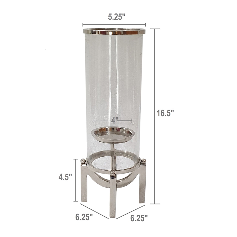 Rexy Hurricane Candle Holder- Minimalist Silver Legs- Clear Glass 16 Inch