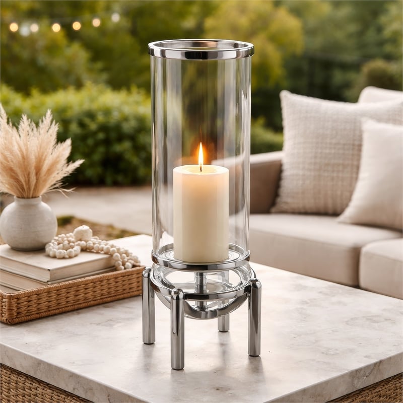 Rexy Hurricane Candle Holder- Minimalist Silver Legs- Clear Glass 16 Inch