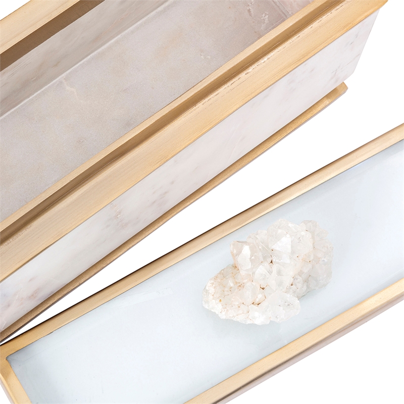 Plushy Decorative Box with Lid- White Marble- Gold Aluminum-Iron 14 Inch