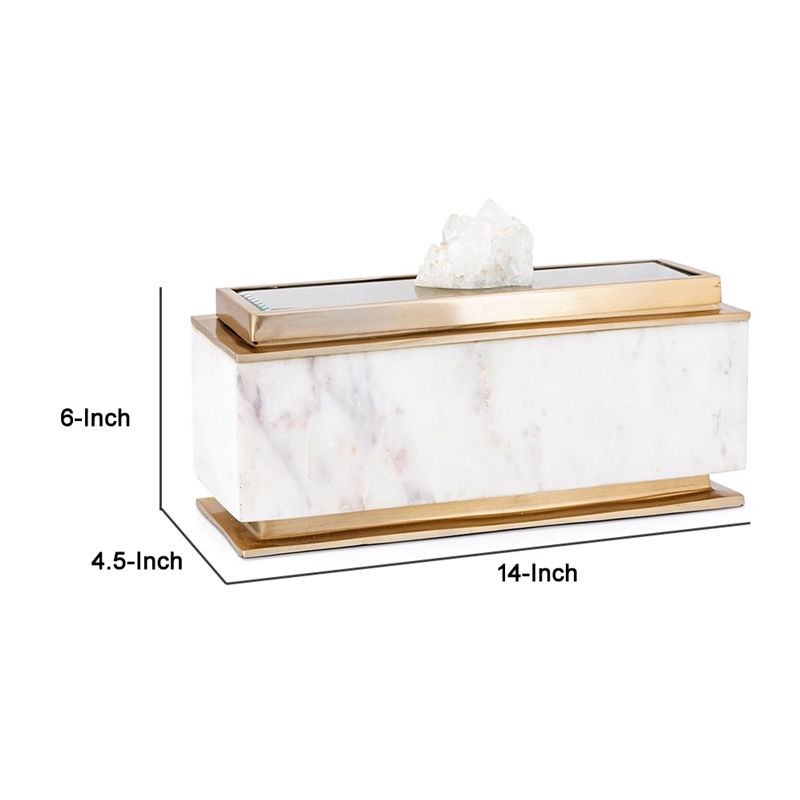 Plushy Decorative Box with Lid- White Marble- Gold Aluminum-Iron 14 Inch
