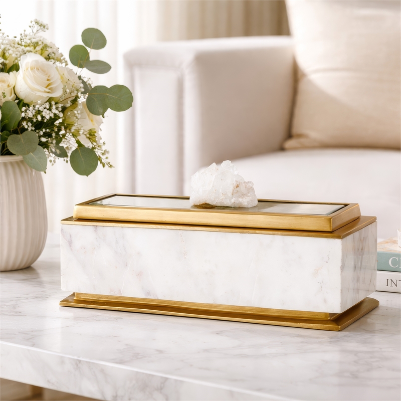 Plushy Decorative Box with Lid- White Marble- Gold Aluminum-Iron 14 Inch