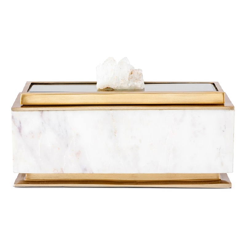 Plushy Decorative Box with Lid- White Marble- Gold Aluminum-Iron 14 Inch