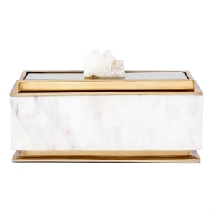 Plushy Decorative Box with Lid- White Marble- Gold Aluminum-Iron 14 Inch