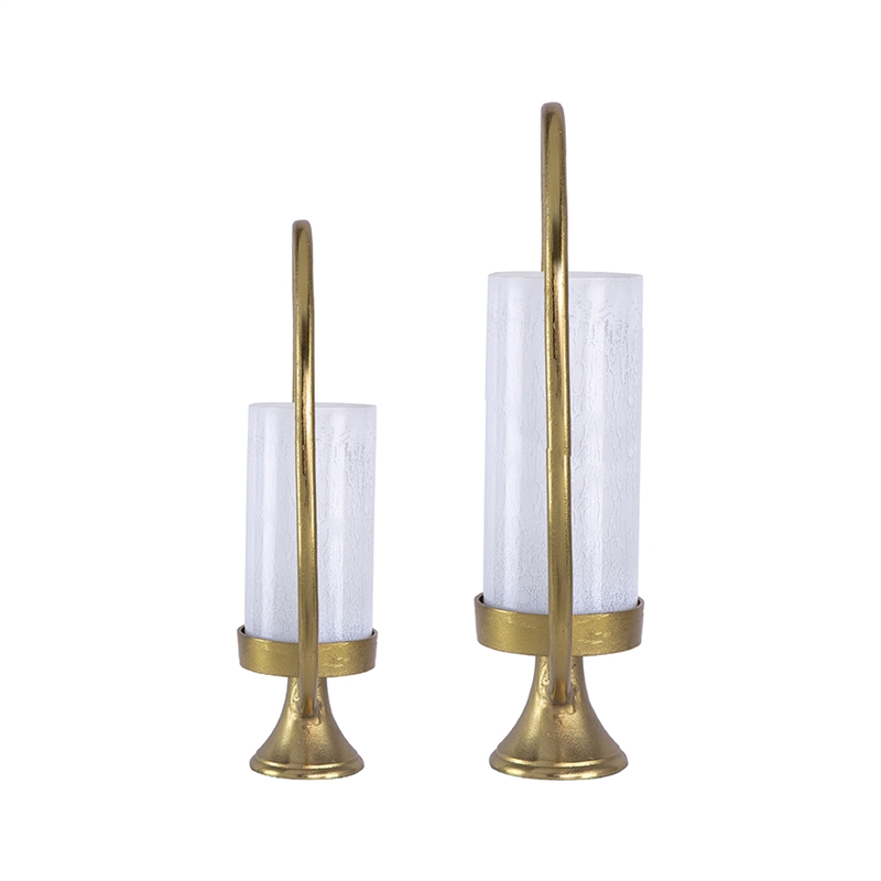 Beth Bascom Hurricane Candleholder Set of 2- Gold- White Glass 22- 27 Inch