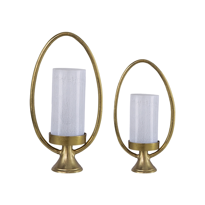 Beth Bascom Hurricane Candleholder Set of 2- Gold- White Glass 22- 27 Inch