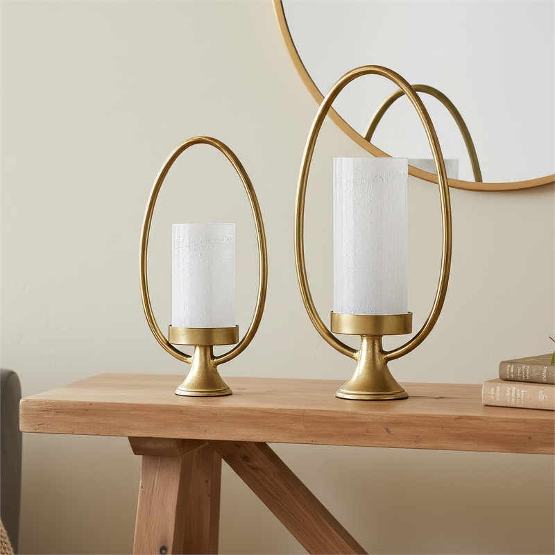 Beth Bascom Hurricane Candleholder Set of 2- Gold- White Glass 22- 27 Inch