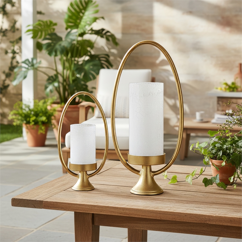 Beth Bascom Hurricane Candleholder Set of 2- Gold- White Glass 22- 27 Inch