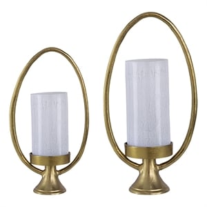 Beth Bascom Hurricane Candleholder Set of 2- Gold- White Glass 22- 27 Inch