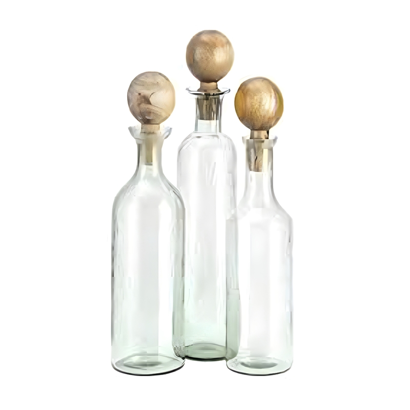 Hazie Decorative Glass Bottles Set of 3- Mango Wood Tops- 16 and 18 Inch