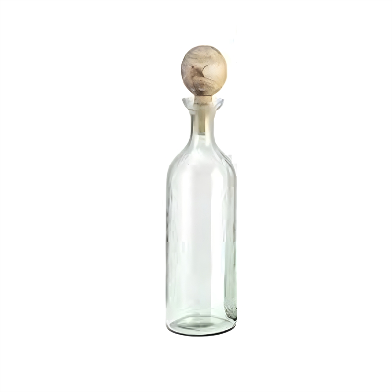 Hazie Decorative Glass Bottles Set of 3- Mango Wood Tops- 16 and 18 Inch