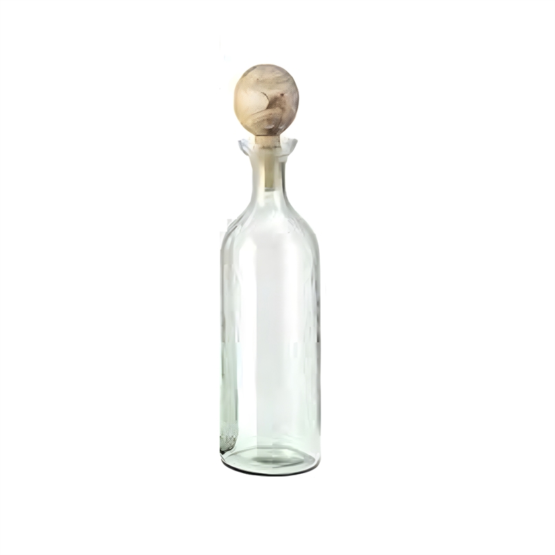 Hazie Decorative Glass Bottles Set of 3- Mango Wood Tops- 16 and 18 Inch