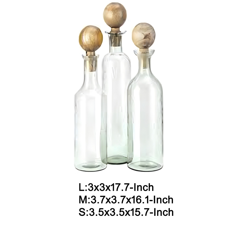 Hazie Decorative Glass Bottles Set of 3- Mango Wood Tops- 16 and 18 Inch