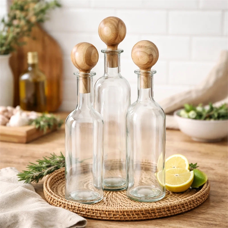 Hazie Decorative Glass Bottles Set of 3- Mango Wood Tops- 16 and 18 Inch