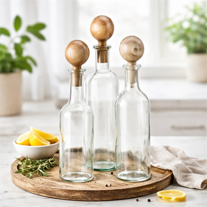 Hazie Decorative Glass Bottles Set of 3- Mango Wood Tops- 16 and 18 Inch