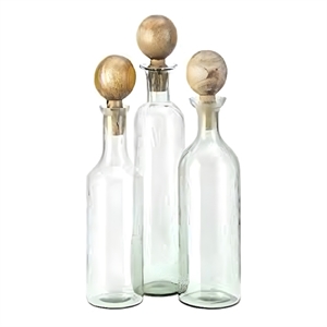 Hazie Decorative Glass Bottles Set of 3- Mango Wood Tops- 16 and 18 Inch