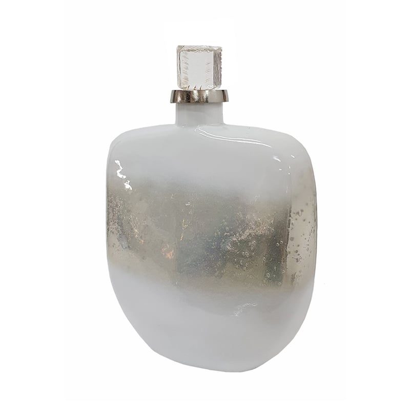 Akky Decorative Bottle with Lid- Aluminum Collar Silver-White Glass 16 Inch
