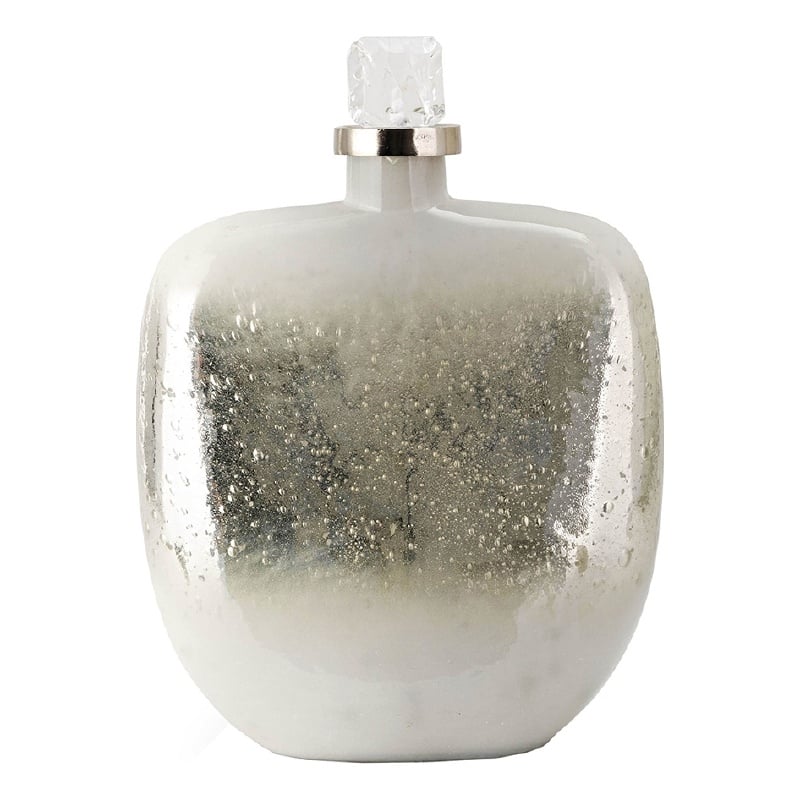 Akky Decorative Bottle with Lid- Aluminum Collar Silver-White Glass 16 Inch