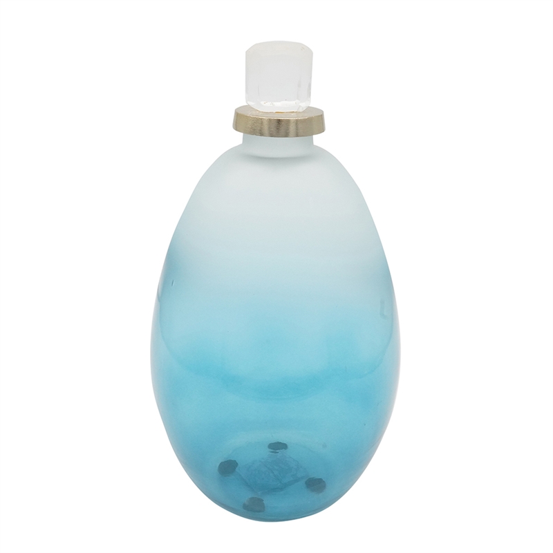 Ethan Decorative Bottle with Lid- Gold Metal Detail- Blue-White Glass 15in