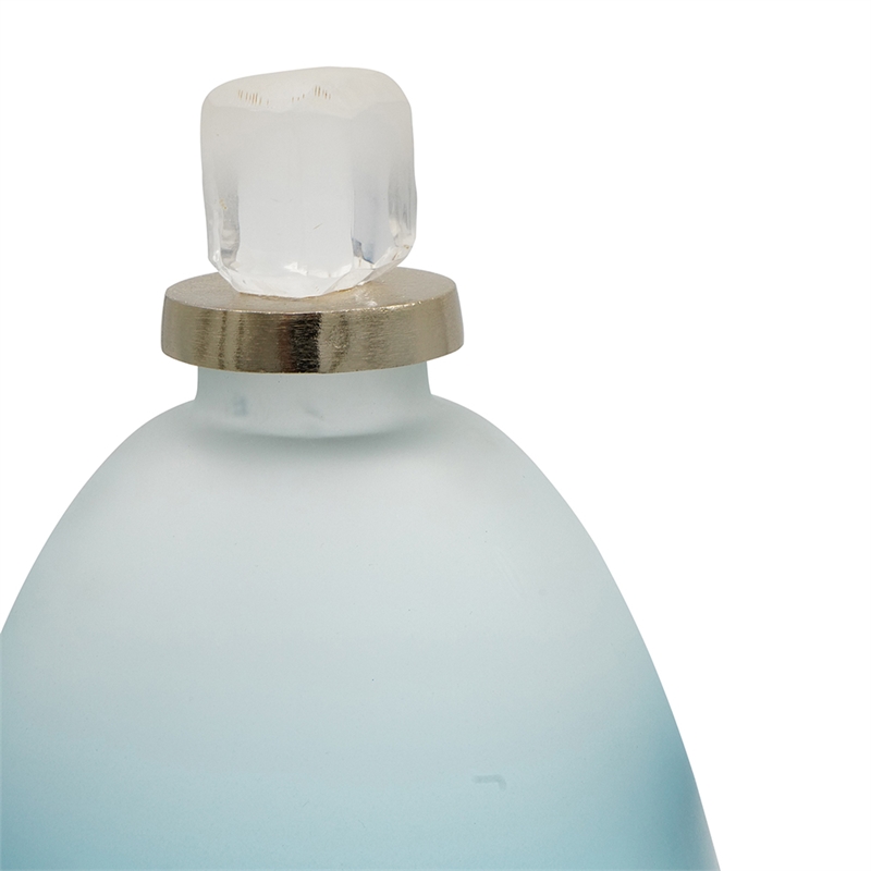 Ethan Decorative Bottle with Lid- Gold Metal Detail- Blue-White Glass 15in