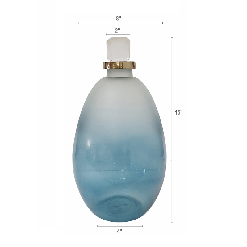 Ethan Decorative Bottle with Lid- Gold Metal Detail- Blue-White Glass 15in
