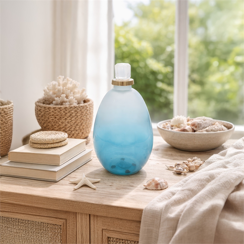 Ethan Decorative Bottle with Lid- Gold Metal Detail- Blue-White Glass 15in