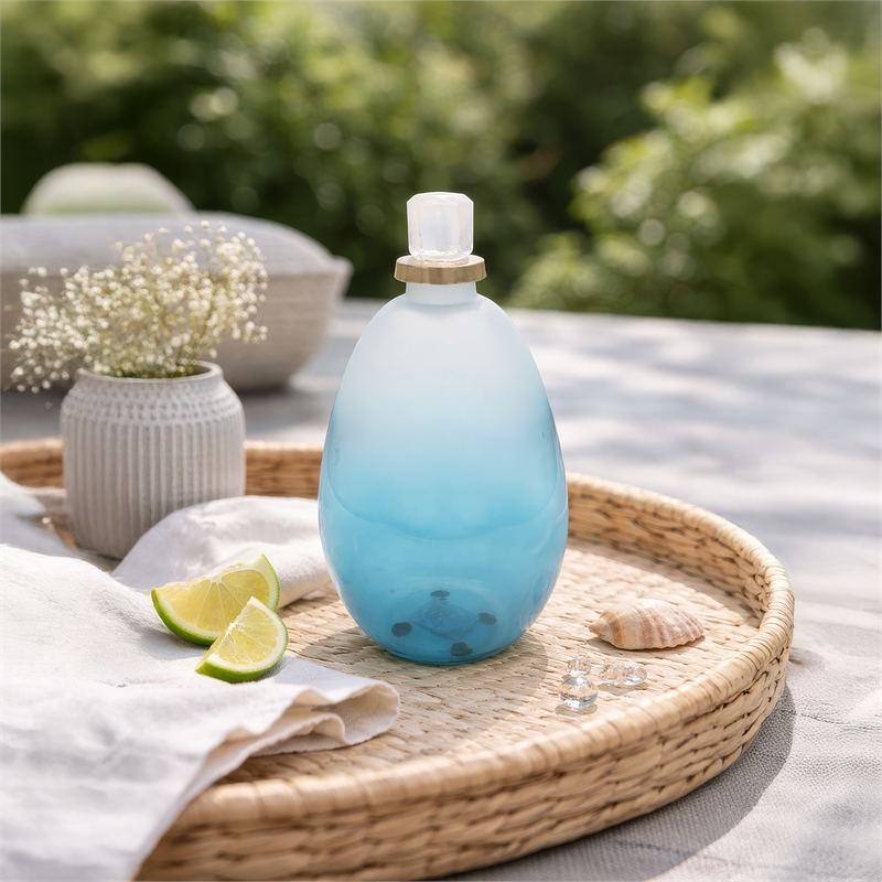 Ethan Decorative Bottle with Lid- Gold Metal Detail- Blue-White Glass 15in
