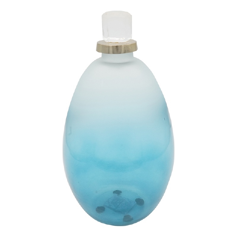 Ethan Decorative Bottle with Lid- Gold Metal Detail- Blue-White Glass 15in
