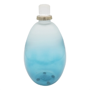 Ethan Decorative Bottle with Lid- Gold Metal Detail- Blue-White Glass 15in