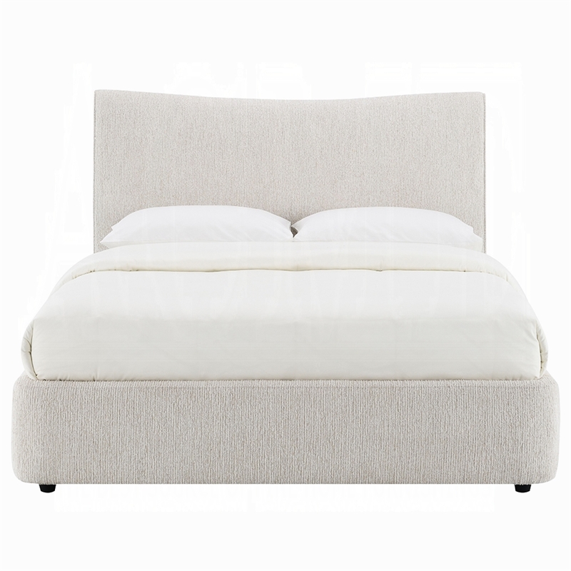 Rery Queen Size Bed- Beige Chenille Padded Upholstery- Low Profile Platform