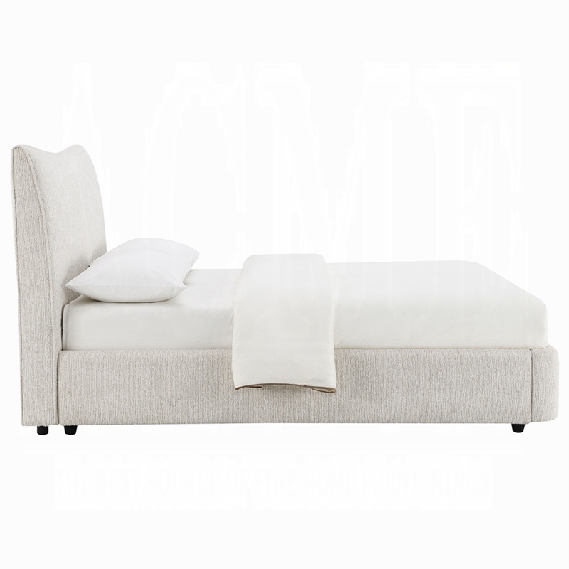 Rery Queen Size Bed- Beige Chenille Padded Upholstery- Low Profile Platform