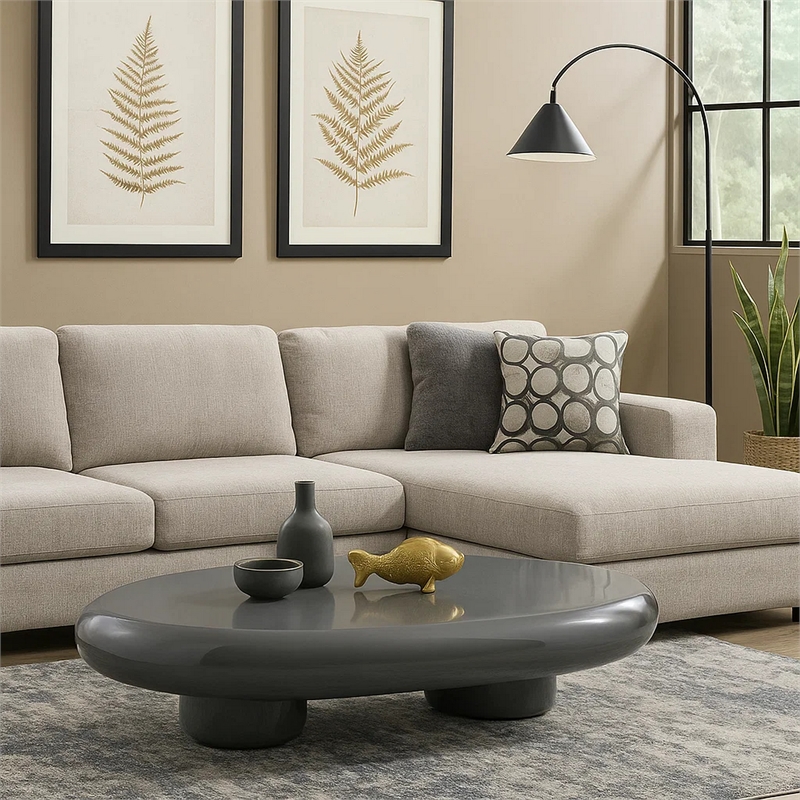 Fory Coffee Table- 46 Inch Oval Top with Low Metal Base- High Gloss Gray