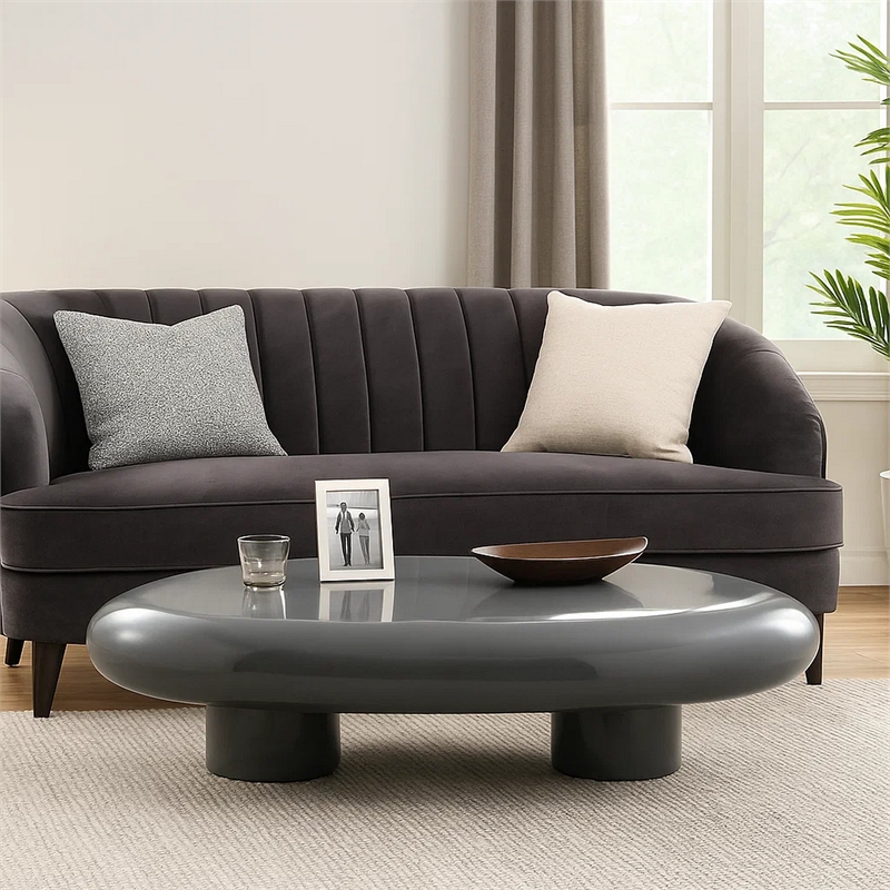 Fory Coffee Table- 46 Inch Oval Top with Low Metal Base- High Gloss Gray