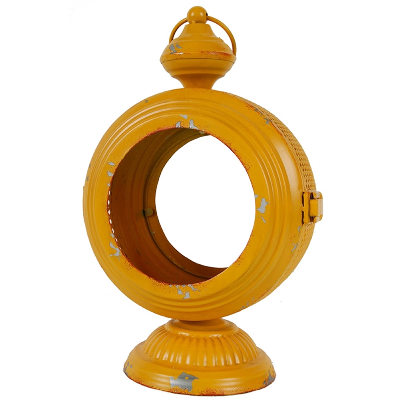 Cia Candle Holder- 13 Inch Round Shape- Yellow Iron with Glass Center