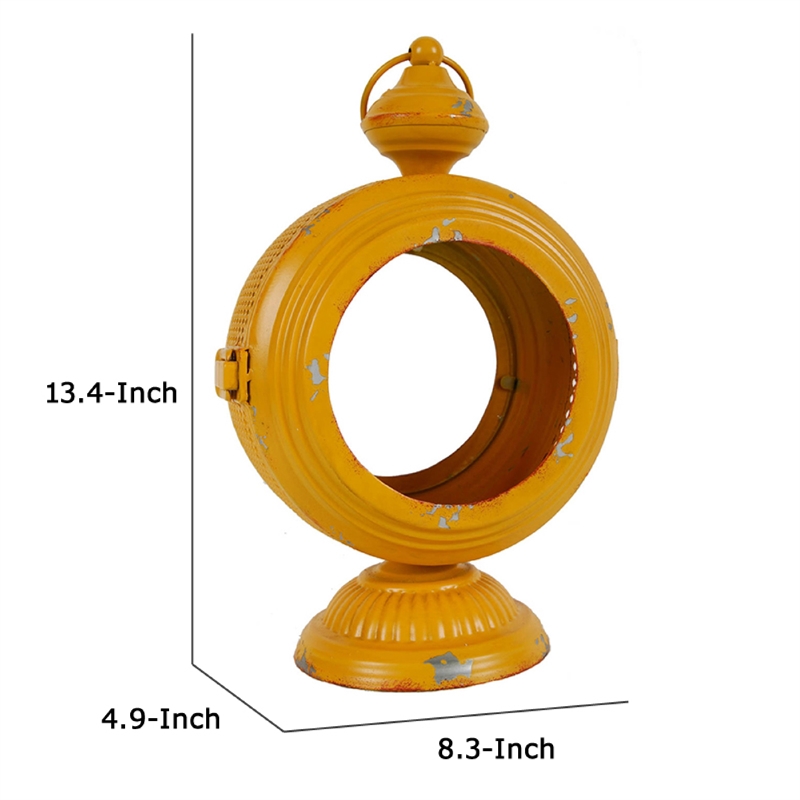 Cia Candle Holder- 13 Inch Round Shape- Yellow Iron with Glass Center