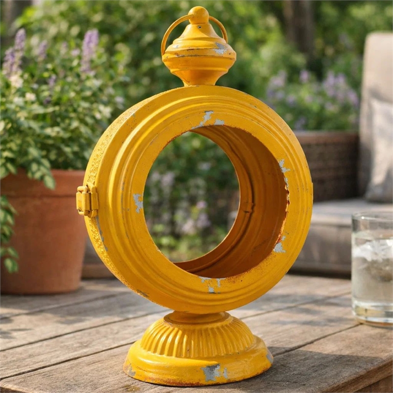 Cia Candle Holder- 13 Inch Round Shape- Yellow Iron with Glass Center