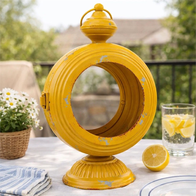 Cia Candle Holder- 13 Inch Round Shape- Yellow Iron with Glass Center