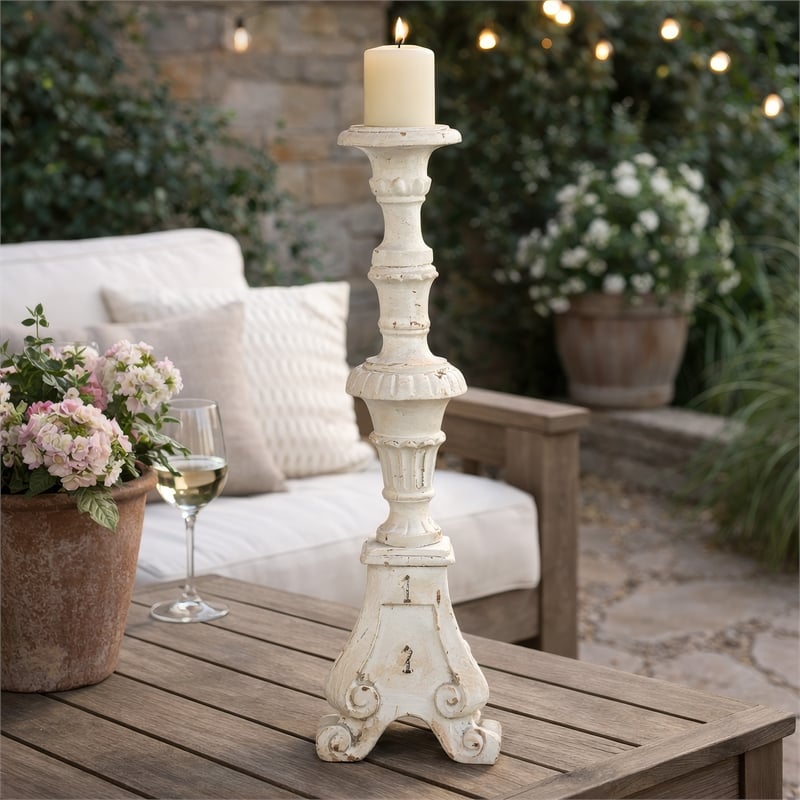 Jewa Vintage Pillar Candle Holder- 25 Inch Distressed White Magnesia