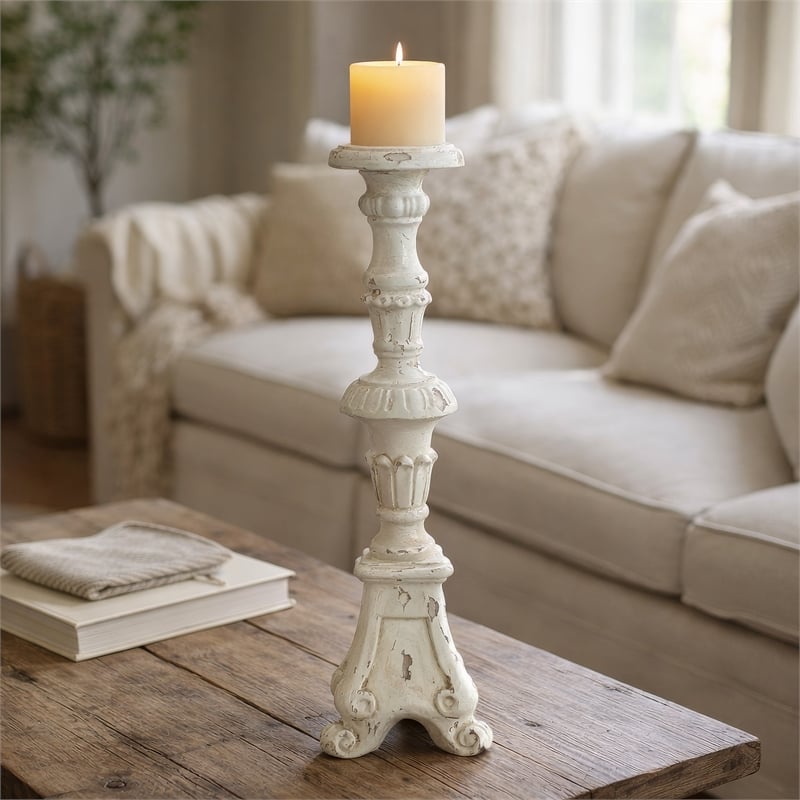 Jewa Vintage Pillar Candle Holder- 25 Inch Distressed White Magnesia